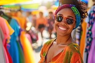 Woman smiling while shopping for clothes outside